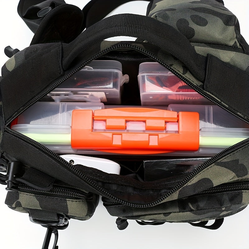 1pc Premium Waterproof Nylon Fishing Backpack - Multi-Functional Chest Bag with Adjustable Strap, Padded Shoulder Pads, and Multiple Compartments - Ideal for Fishing, Hiking, Camping, and Outdoor Adventures