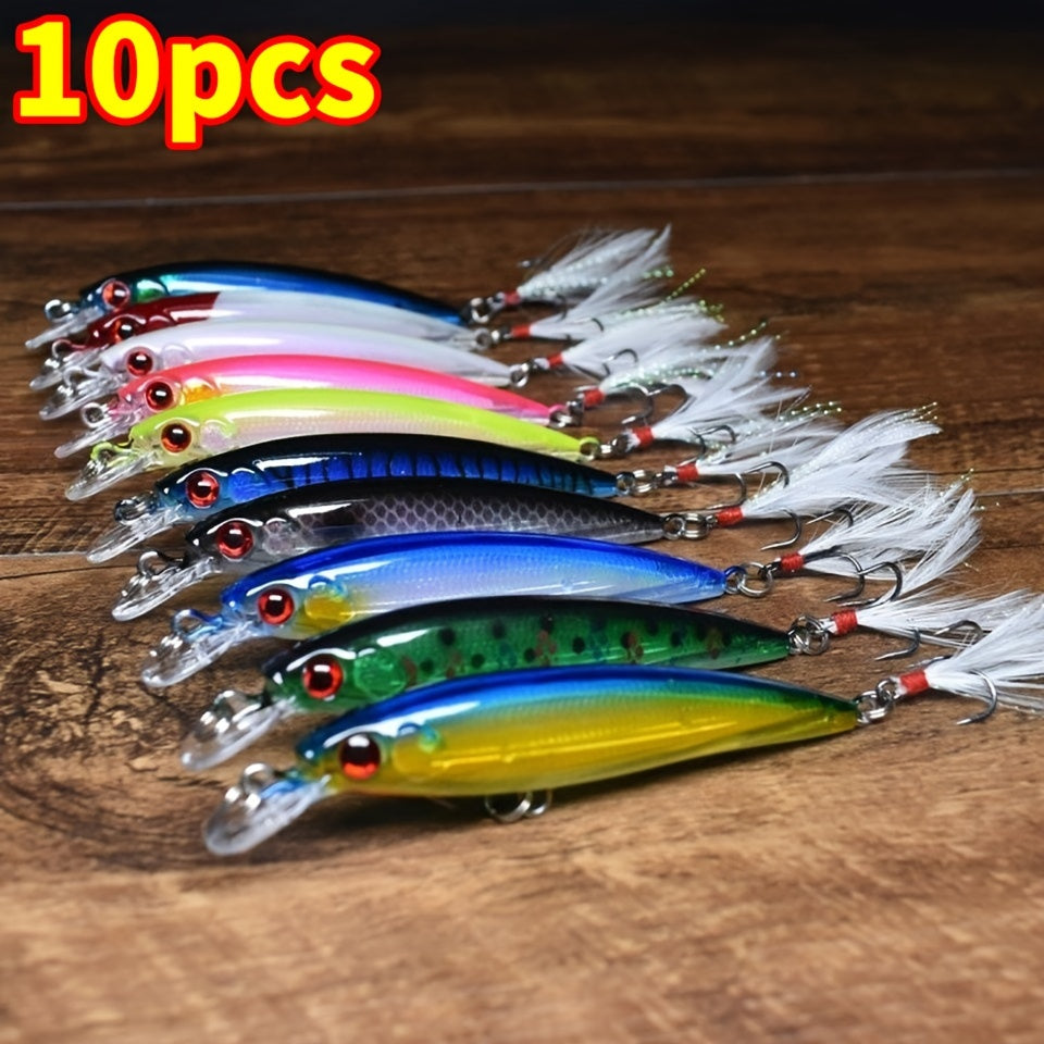 10pcs Premium 3D Bionic Fishing Lures with Laser Eyes - Artificial Hard Baits for Catching More Fish - Feather Hook, 9cm/7.2g, Lifelike Swimming Action, Durable and Long-Lasting