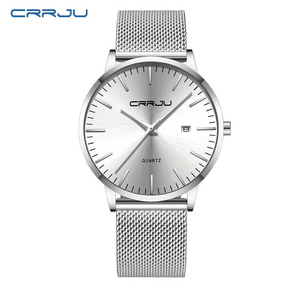 CRRJU Men'S Slim Quartz Watch, Casual Style, Round Zinc Alloy Case, Stainless Steel Strap, Pointer Display, Battery Powered, IPX8 Water Resistant, Non-rechargeable Button Battery