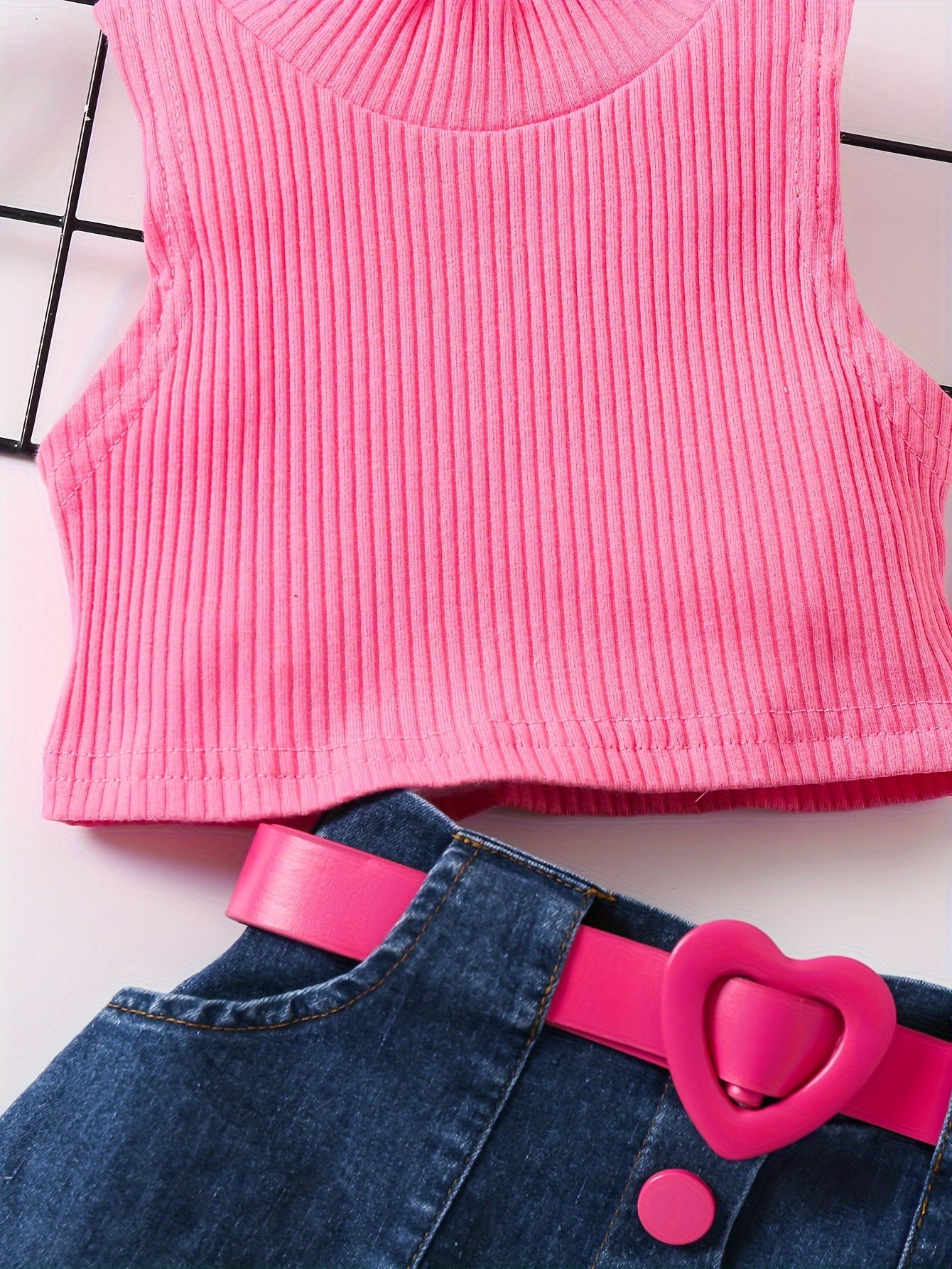 2pcs Toddler Girls Summer Outfit - Skirt Sets with Turtleneck Ribbed Knit Tank Top, Ruffled Hem Pleated Button Belted Denim Skirt, K-pop Inspired, Kids Clothing for Summer Season