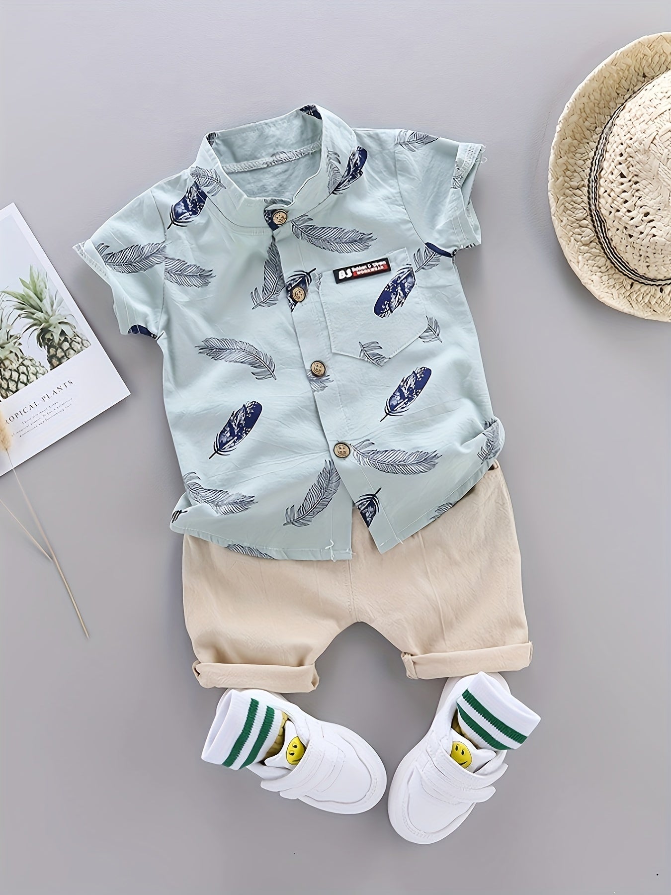 2-Piece Baby Boys’ Summer Outfit – Feather Print Short-Sleeve Shirt & Cotton Shorts Casual Set