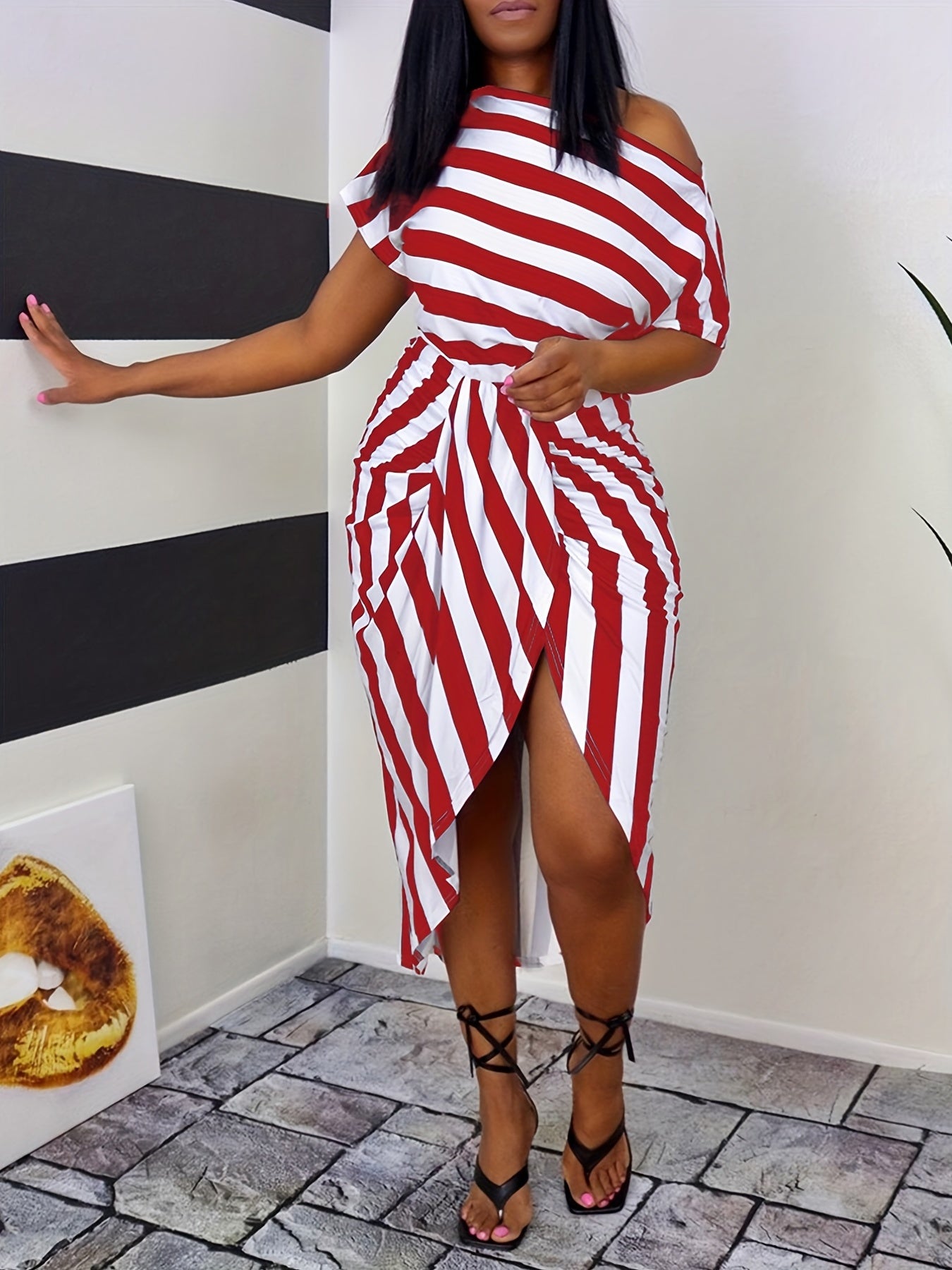 Striped Off Shoulder Dress, Casual Asymmetrical Short Sleeve Dress, Women's Clothing