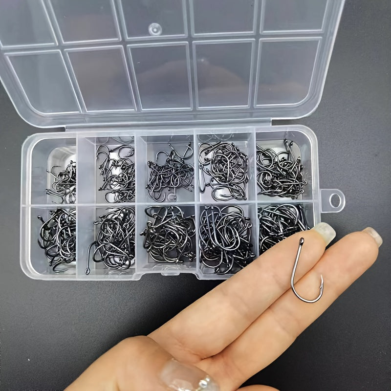 100/200/300/400/500pcs 3# - 12# Mixed Sizes Fishing Hook Set, Barbed Fishing Hooks With Eye, Fishing Tackle