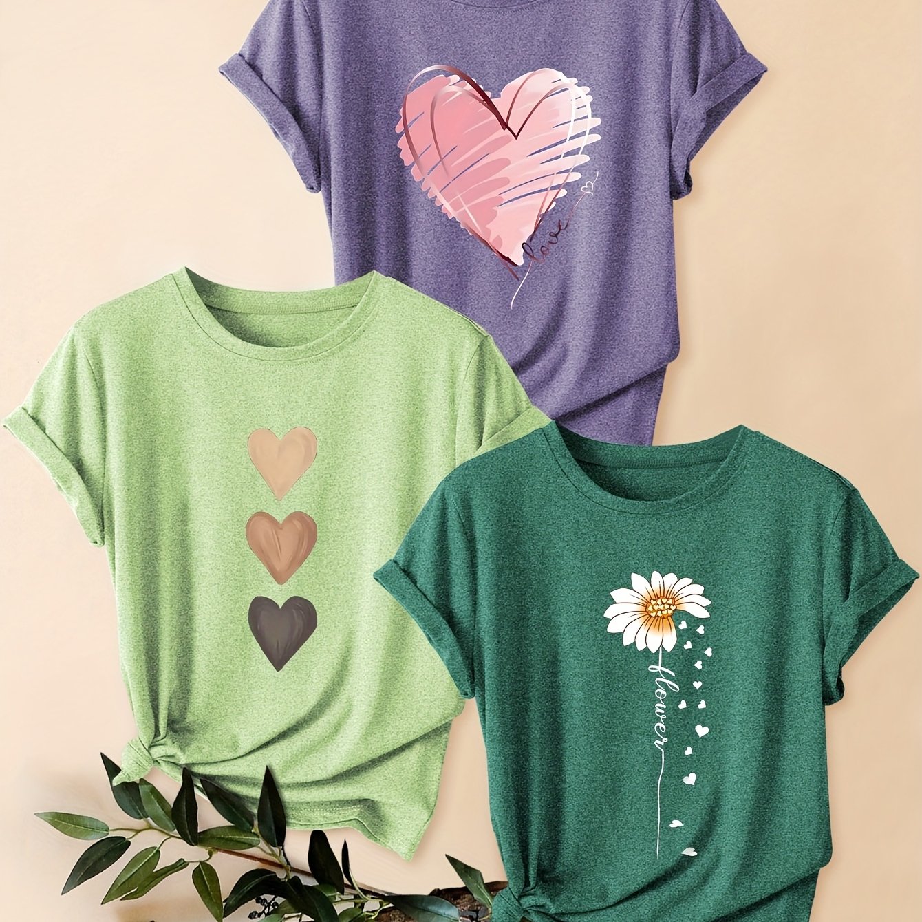 3pcs Women's Vintage-Inspired Graphic Tees - Floral & Heart Print Casual Short Sleeve T-Shirts, Soft Stretch Round Neck Tops for Spring Summer Fall,, Teal & Lavender, Seasonal Fashion, Artistic Design, Lightweight Tee, Printe - The Superior Findings Depot