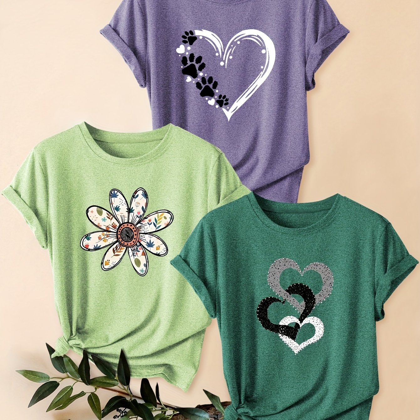 3pcs Women's Vintage-Inspired Graphic Tees - Floral & Heart Print Casual Short Sleeve T-Shirts, Soft Stretch Round Neck Tops for Spring Summer Fall,, Teal & Lavender, Seasonal Fashion, Artistic Design, Lightweight Tee, Printe - The Superior Findings Depot