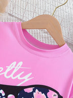 2pcs Girls' Clothing Party Slogan Large Glasses Print Pattern Drop Shoulder Irregular Hem Design Loose Short Sleeve T-Shirt + Floral Print Skinny Nine-Tenths Bottoms Set Girls' Summer Outfit Holiday Gift Girls' Fashion Casual - The Superior Findings Depot