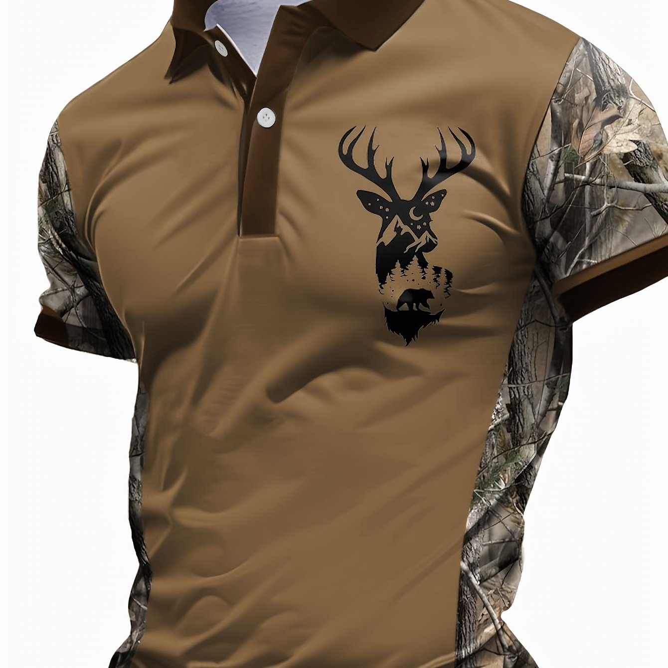 Men's Camouflage Sleeve Shirt - Khaki Base with Elk Print