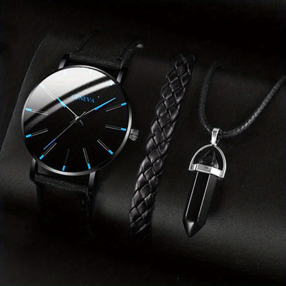 3pcs/set - Elegant Men's Quartz Watch with Matching Bracelet and Necklace - Stylish Timepiece, Perfect for Gifting on Special Occasions