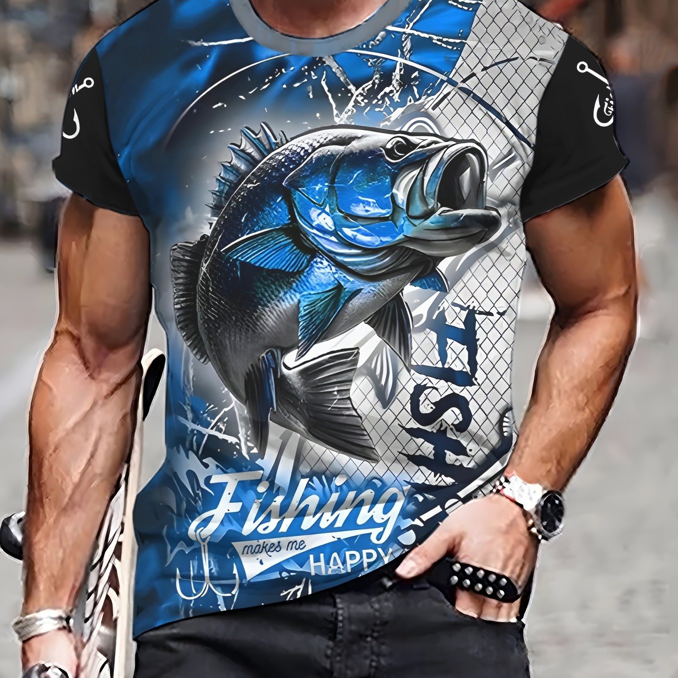 Men'S 3D Printed Fish T-Shirt | Suitable for Summer Outdoor Activities, Fishing, and Cycling | Crew Neck, Regular Fit, Slight Stretch Fabric