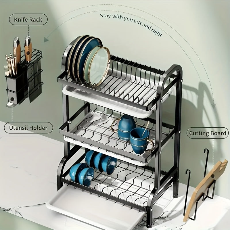 2025 Two/Three-Tier Carbon Steel Dish Rack with Drain Board, Cutlery Holder and Cup Hook - Space-Saving for Kitchen Countertop Storage - Black, No Electricity Required, Dish Drying Rack | Smooth Black Surface | Durable Kitche - The Superior Findings Depot