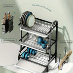 2025 Two/Three-Tier Carbon Steel Dish Rack with Drain Board, Cutlery Holder and Cup Hook - Space-Saving for Kitchen Countertop Storage - Black, No Electricity Required, Dish Drying Rack | Smooth Black Surface | Durable Kitche - The Superior Findings Depot