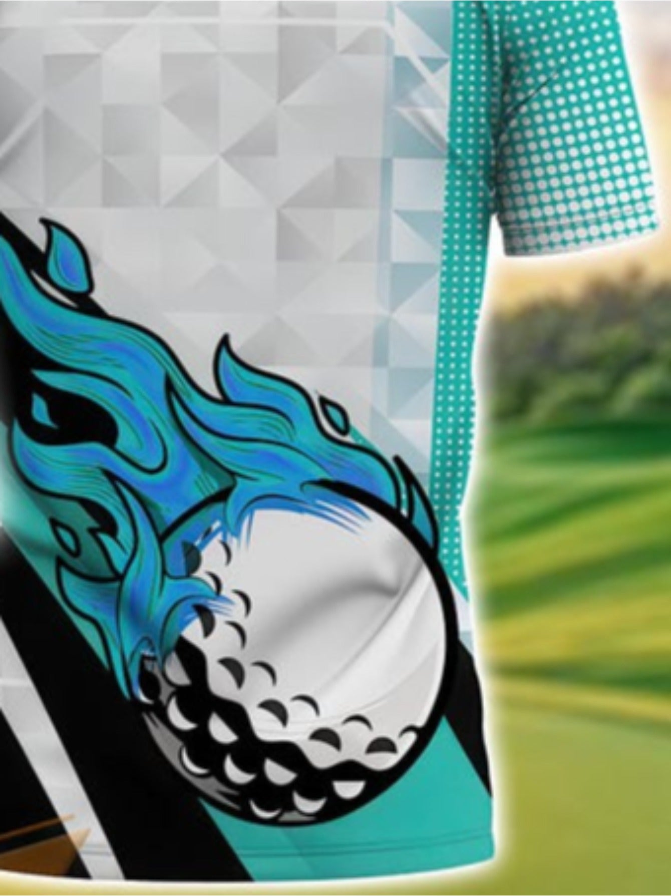 Men's Custom Golf Shirt - Blue & Black Flame with Golf Ball Accent