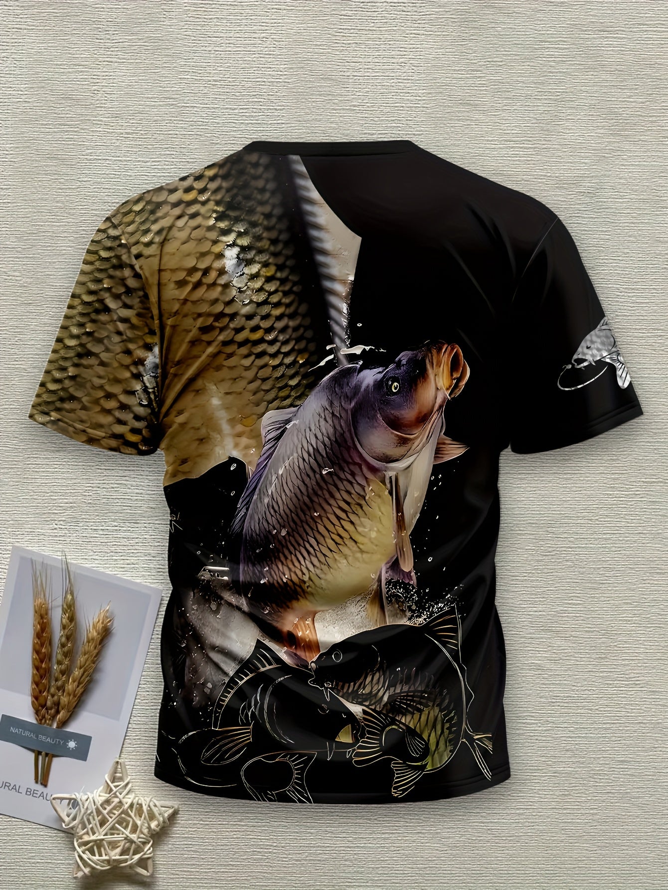 Men's 3D Fish Graphic T-Shirt - Black with Golden & White Fish