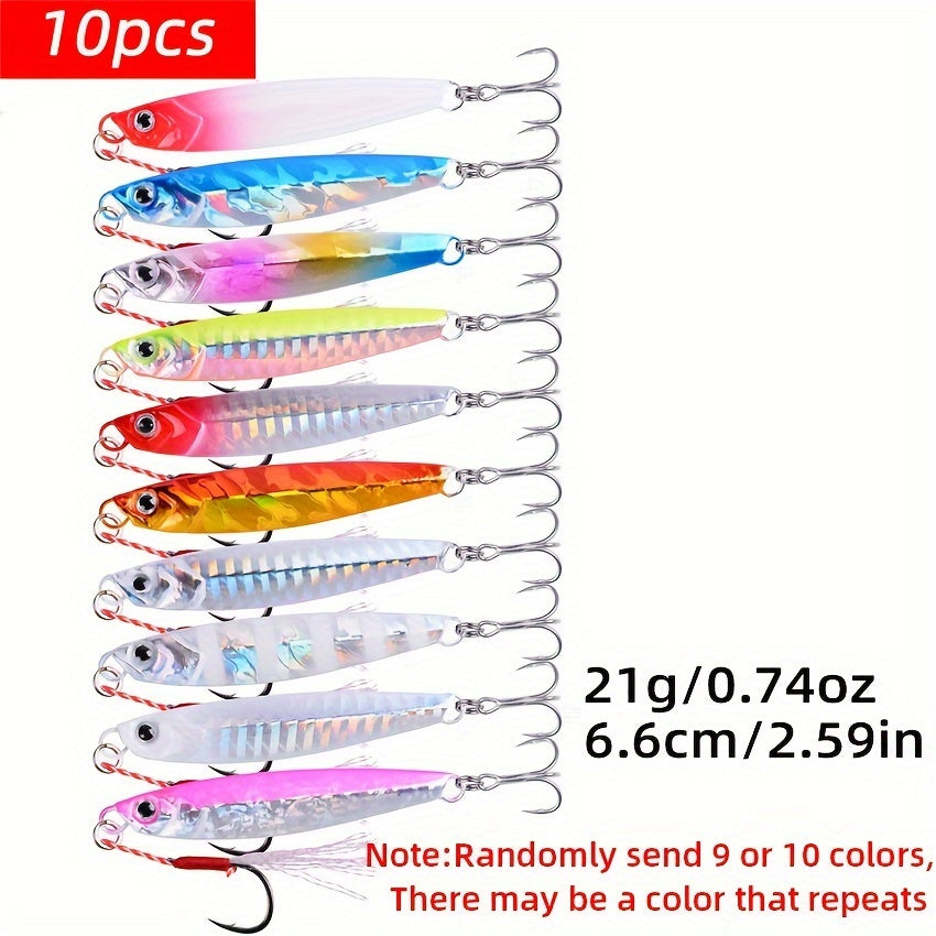10pcs Premium Metal Casting Jig Lure - Realistic Slow-Shaking Action, Perfect For Saltwater Fishing - Available In 21g, 28g, And 40g Sizes