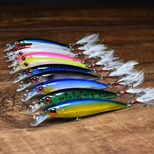 10pcs 3D Bionic Minnow Fishing Lures - Realistic Laser Eyes, Feather Treble Hook, Artificial Hard Baits for Catching More Fish, Perfect for Freshwater and Saltwater Fishing - 9cm/3.54inch, 7g