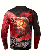 Men's Red Flame & Fish Print Long Sleeve T-Shirt - Quick-Dry