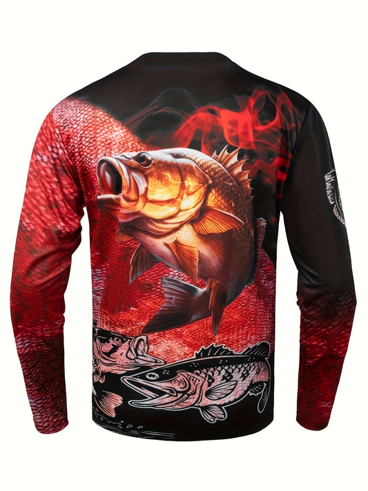 Men’s Breathable Long Sleeve Sports T-Shirt – Outdoor Fishing & Cycling Jersey with Fish & Flame Print, Lightweight Athletic Top for Spring, Summer & Autumn