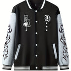 Warm Letter Print Star Pattern Embroidery Varsity Jacket, Men's Casual Color Block Button Up Jacket For Spring Fall School Baseball - The Superior Findings Depot