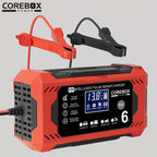 COREBOX 12V 6A Smart Battery Charger with LCD Display, 12V 6A Fast/Trickle Charger, Overcharge/Overheat/Short Circuit/Reverse Polarity, Automatic Switch Mode, Microprocessor Controlled, Compatible with AGM/GEL/SLA/Wet/EFB, 4- - The Superior Findings Depot