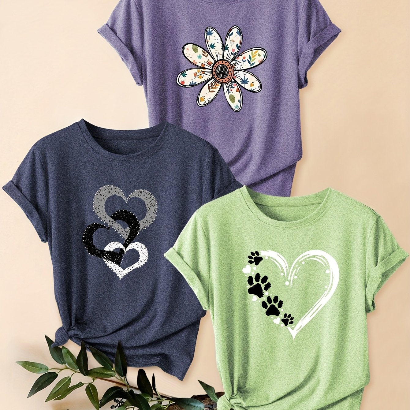 3pcs Women's Vintage-Inspired Graphic Tees - Floral & Heart Print Casual Short Sleeve T-Shirts, Soft Stretch Round Neck Tops for Spring Summer Fall,, Teal & Lavender, Seasonal Fashion, Artistic Design, Lightweight Tee, Printe - The Superior Findings Depot