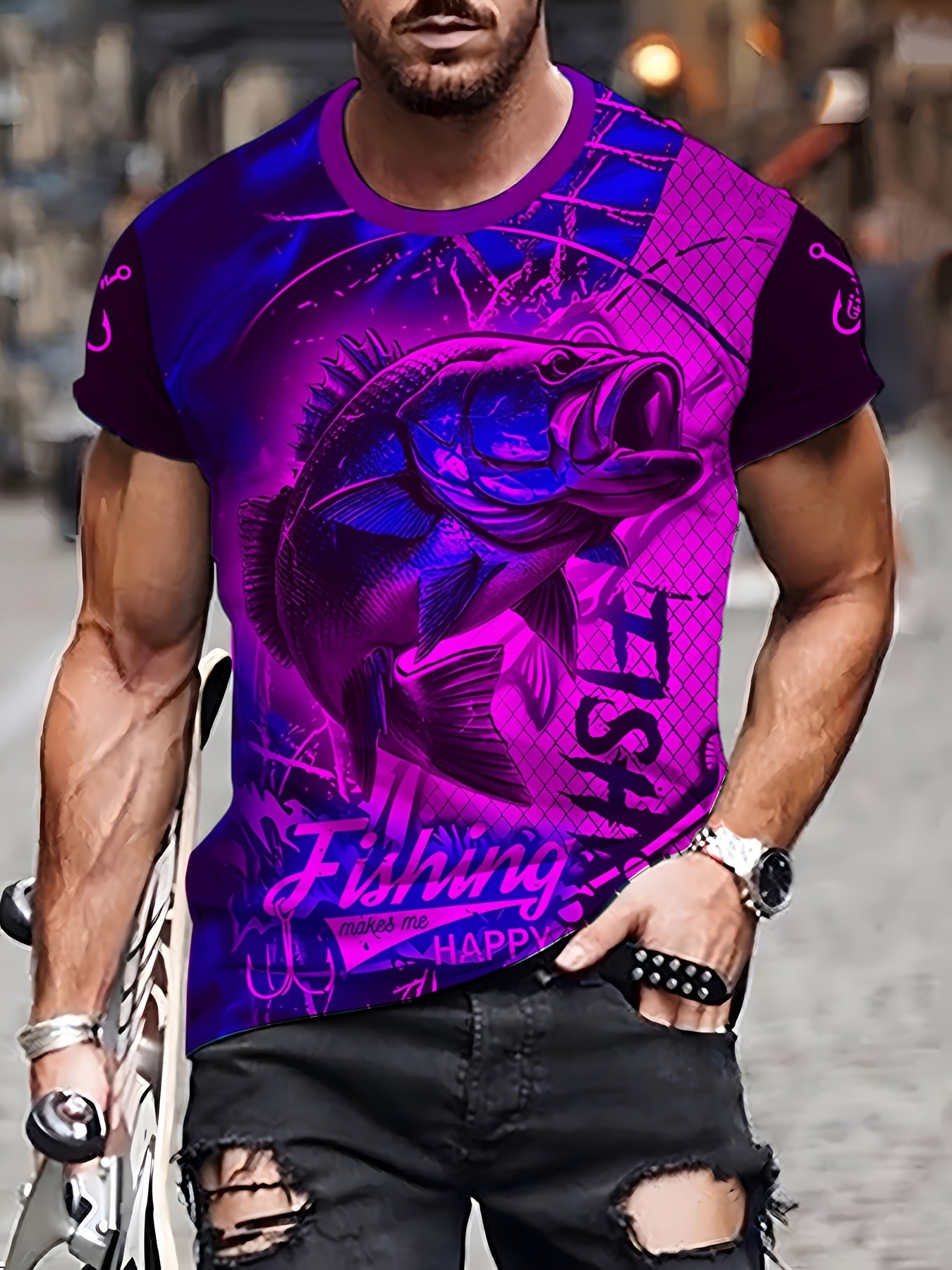 Men'S 3D Printed Fish T-Shirt | Suitable for Summer Outdoor Activities, Fishing, and Cycling | Crew Neck, Regular Fit, Slight Stretch Fabric