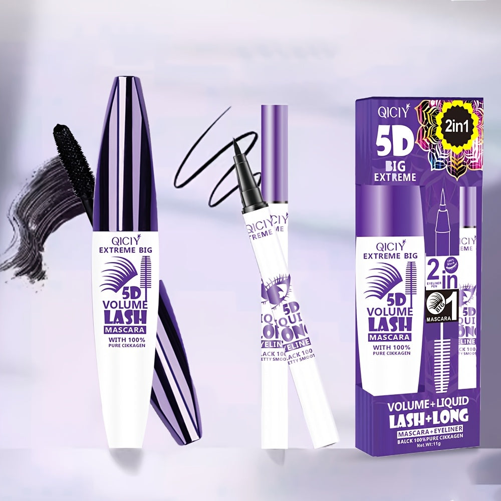 QICI 5D EXTREME 2in1 Mascara + Eyeliner Set - Waterproof, Long-Lasting, Smudge-Proof, Volume & Length Enhancing, Black Liquid Eyeliner with 10ml Brush, 24-Hour Wear, 1pc/2pcs, Beauty Essentials|Bold Eye Makeup|Smudgeproof Lin - The Superior Findings Depot