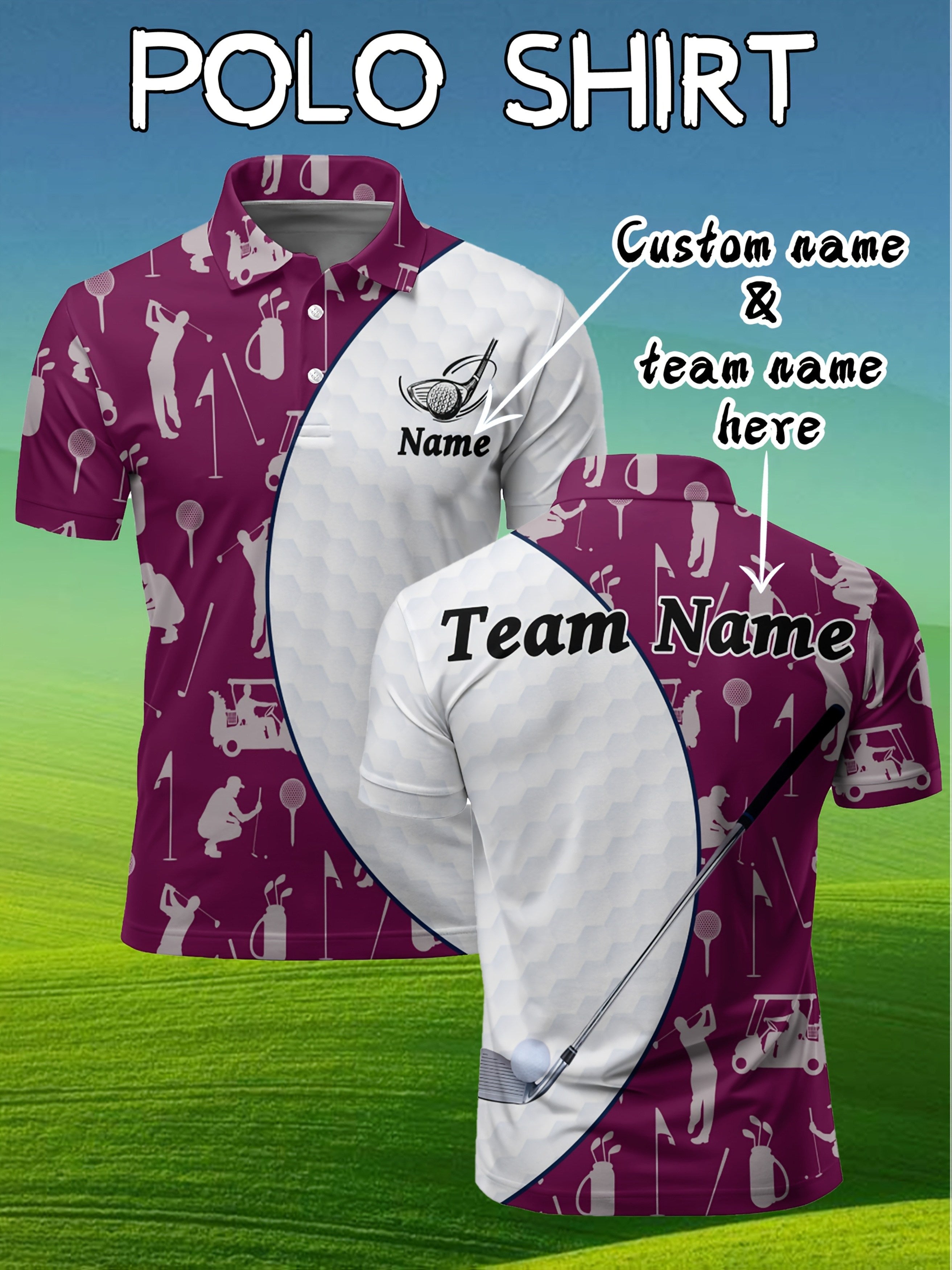 Customizable Men's Golf Polo Shirt - Golf Ball & Club Print