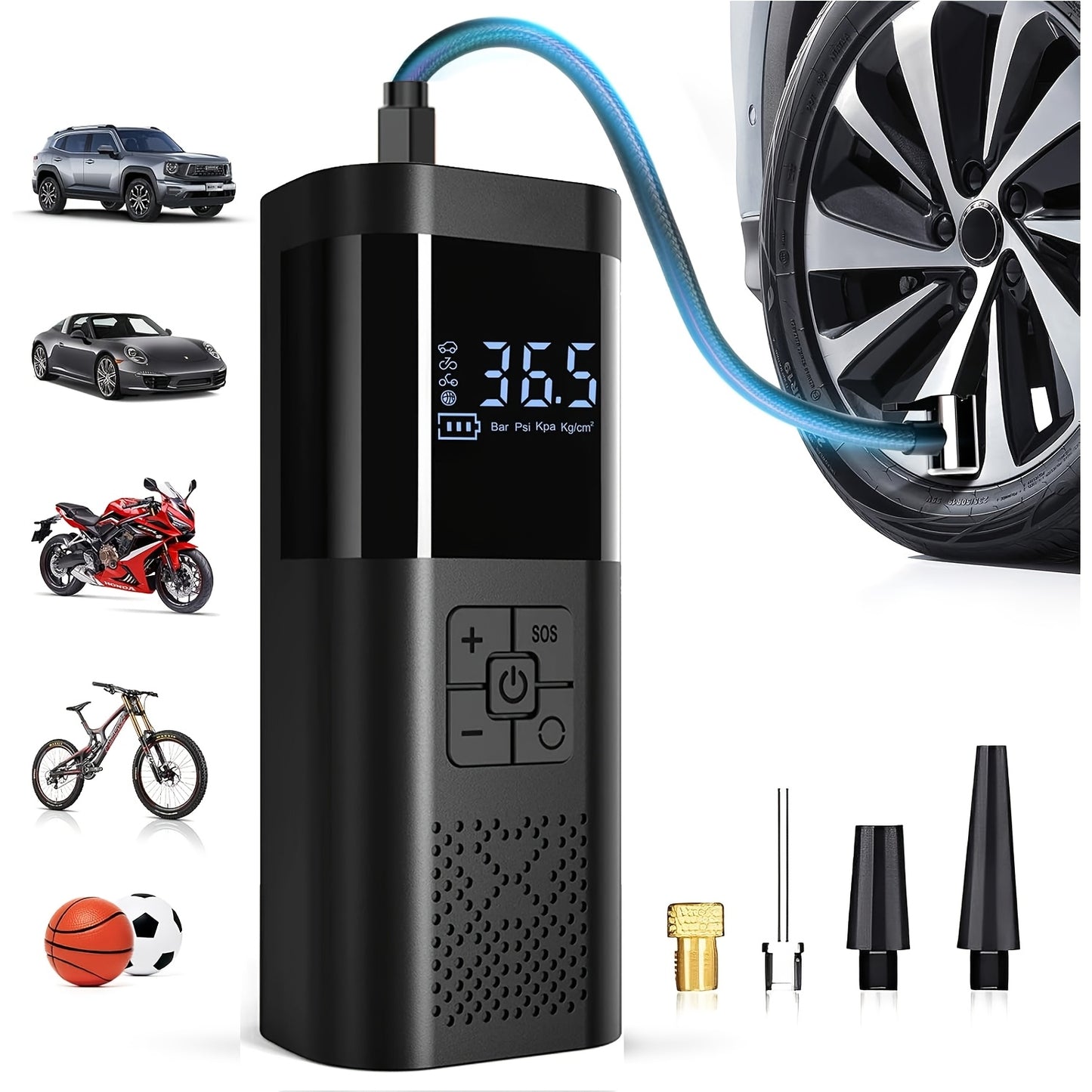 Portable Air Compressor Tire Inflator, 150PSI Car Tire Pump, Equipped with a Tire Pressure Gauge, LED Light, And a Three Times Faster One-Button Smart Cordless Tire Pump, Suitable for Cars, Motorcycles, Bicycle