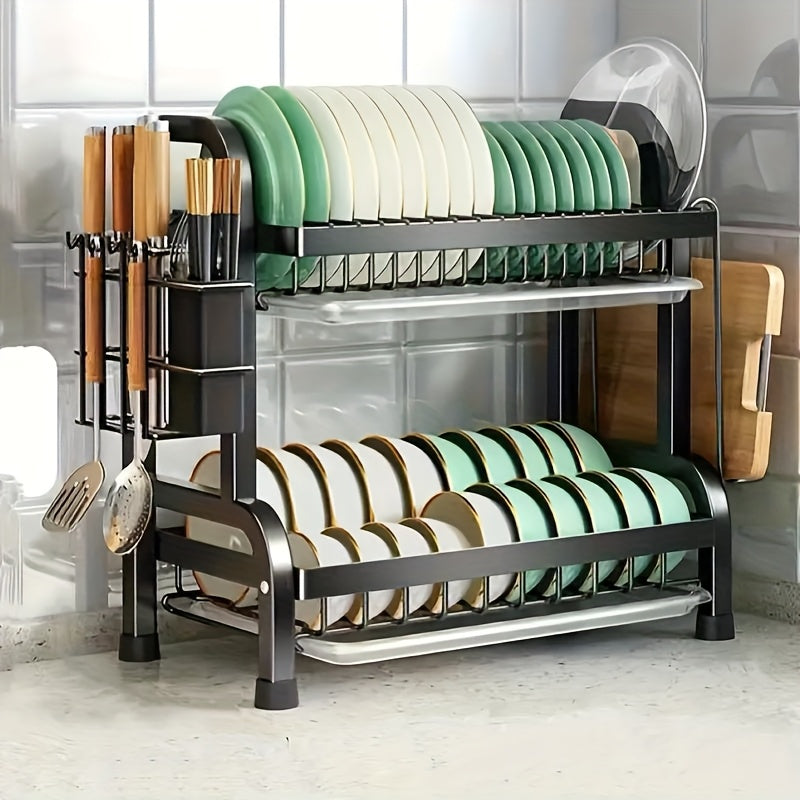 2025 Two/Three-Tier Carbon Steel Dish Rack with Drain Board, Cutlery Holder and Cup Hook - Space-Saving for Kitchen Countertop Storage - Black, No Electricity Required, Dish Drying Rack | Smooth Black Surface | Durable Kitche - The Superior Findings Depot