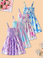 4pcs Girls' Floral Print Sleeveless Dresses - Off-Shoulder Princess Party Dresses with Ruffled Skirts, Light Blue & Pink Floral Patterns, Perfect for Summer Events, Princess Dresses for Girls, Event Attire, Offshoulder Design - The Superior Findings Depot