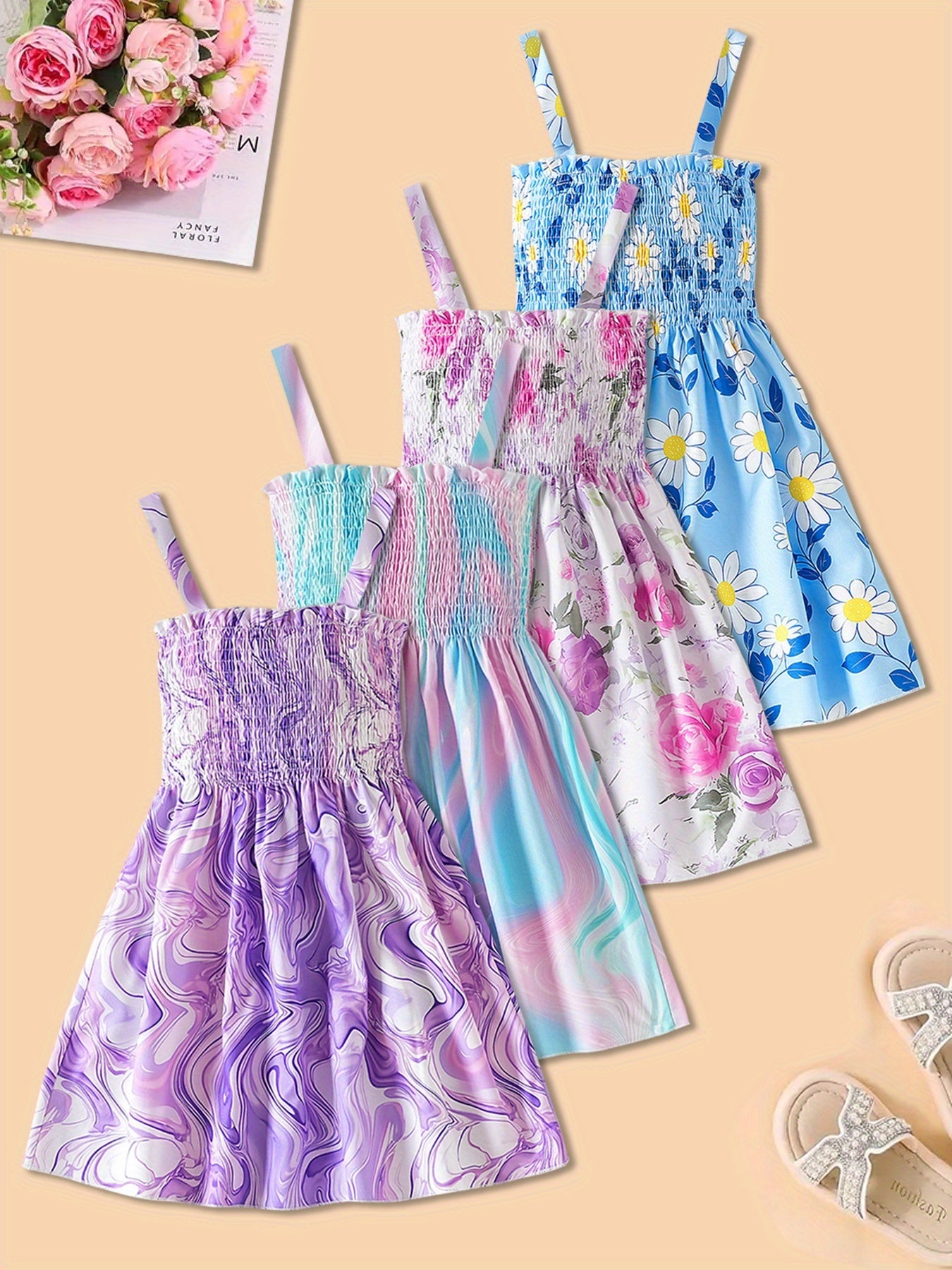 4pcs Girls' Floral Print Sleeveless Dresses - Off-Shoulder Princess Party Dresses with Ruffled Skirts, Light Blue & Pink Floral Patterns, Perfect for Summer Events, Princess Dresses for Girls, Event Attire, Offshoulder Design - The Superior Findings Depot