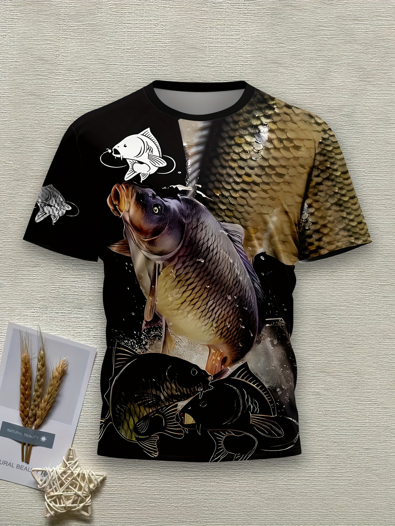 Men's 3D Fish Graphic T-Shirt - Black with Golden & White Fish