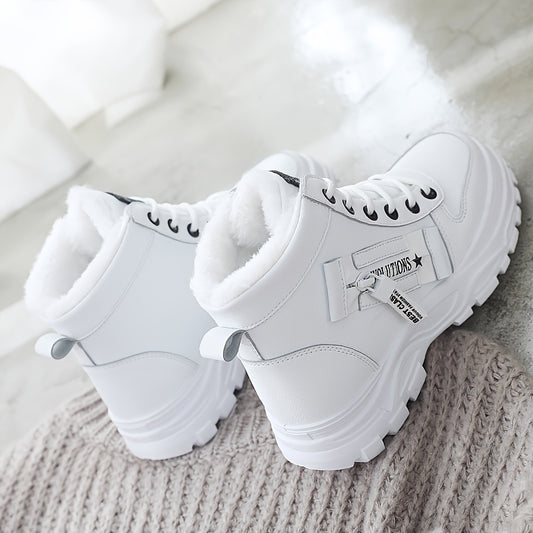 Women'S K2001 High-Top Winter Boots - Stylish White Lace-Up with Faux Fur Lining, Waterproof PVC Sole, Casual All-Season Footwear, Casual Winter Boots|Faux Fur Lined Boots|Laceup Boots