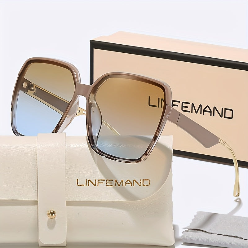 LINFEMAND Women'S Fashion Glasses - Large Rectangular Frame with Gradient Tinted Lenses, Golden Accents & Elegant White Case - Stylish Party Wear, Festival Gift, Festival Eyewear, Sophisticated Eyewear, Durable Eyewear - The Superior Findings Depot