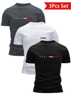 3pcs Men'S Lightweight Breathable T-Shirts - Quick-Dry Moisture-Wicking Round Neck Tops with Paris Print, All-Season Casual & Formal Wear, Sweat-Resistant - The Superior Findings Depot