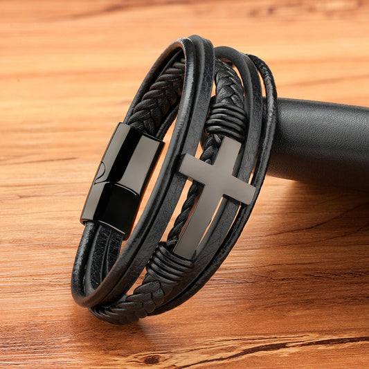 Luxurious Multicolor Cross Design Stainless Steel Men's PU Leather Bracelet - Adjustable 19/21/23cm Length, Stylish, Water Resistant, Durable, Perfect for Formal Occasions, Christmas Gifts, Father's Day Gift, Anniversary Pres