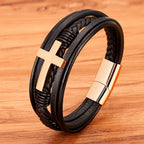 XQNI Men's Braided Faux Leather & Bracelet with Cross Pendant - 3-Tone Plated Durable Clasp, 19/21/23cm Adjustable Sizes, Genuine Faux Leather & Mirror Finish - Stylish Christmas Gift for Him, Casual Wristwear, Sophisticated - The Superior Findings Depot