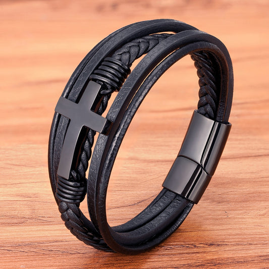 Luxurious Multicolor Cross Design Stainless Steel Men's PU Leather Bracelet - Adjustable 19/21/23cm Length, Stylish, Water Resistant, Durable, Perfect for Formal Occasions, Christmas Gifts, Father's Day Gift, Anniversary Pres