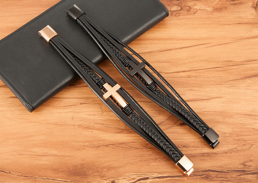 XQNI Men's Braided Faux Leather & Bracelet with Cross Pendant - 3-Tone Plated Durable Clasp, 19/21/23cm Adjustable Sizes, Genuine Faux Leather & Mirror Finish - Stylish Christmas Gift for Him, Casual Wristwear, Sophisticated - The Superior Findings Depot