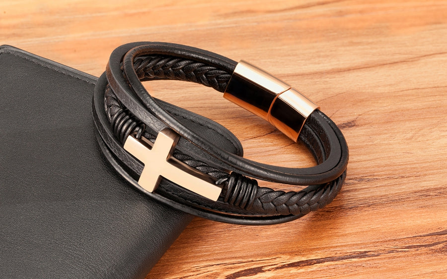 XQNI Men's Braided Faux Leather & Bracelet with Cross Pendant - 3-Tone Plated Durable Clasp, 19/21/23cm Adjustable Sizes, Genuine Faux Leather & Mirror Finish - Stylish Christmas Gift for Him, Casual Wristwear, Sophisticated - The Superior Findings Depot