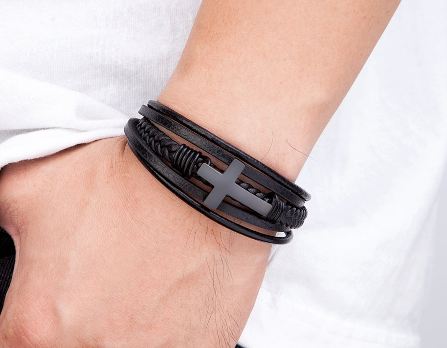 XQNI Men's Braided Faux Leather & Bracelet with Cross Pendant - 3-Tone Plated Durable Clasp, 19/21/23cm Adjustable Sizes, Genuine Faux Leather & Mirror Finish - Stylish Christmas Gift for Him, Casual Wristwear, Sophisticated - The Superior Findings Depot