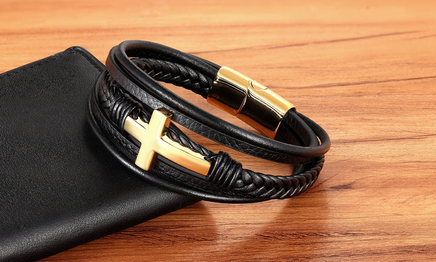XQNI Men's Braided Faux Leather & Bracelet with Cross Pendant - 3-Tone Plated Durable Clasp, 19/21/23cm Adjustable Sizes, Genuine Faux Leather & Mirror Finish - Stylish Christmas Gift for Him, Casual Wristwear, Sophisticated - The Superior Findings Depot