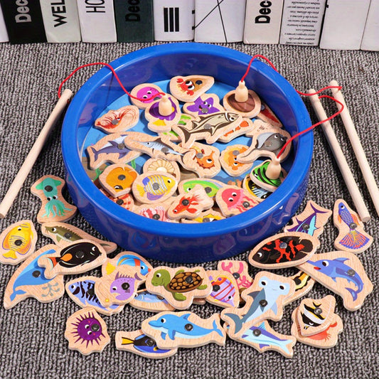 Magnetic Ocean Fishing Game - Interactive Wooden Tabletop Toy for Youngsters, Enhances Hand-Eye Coordination & Focus, Creative Gift Idea