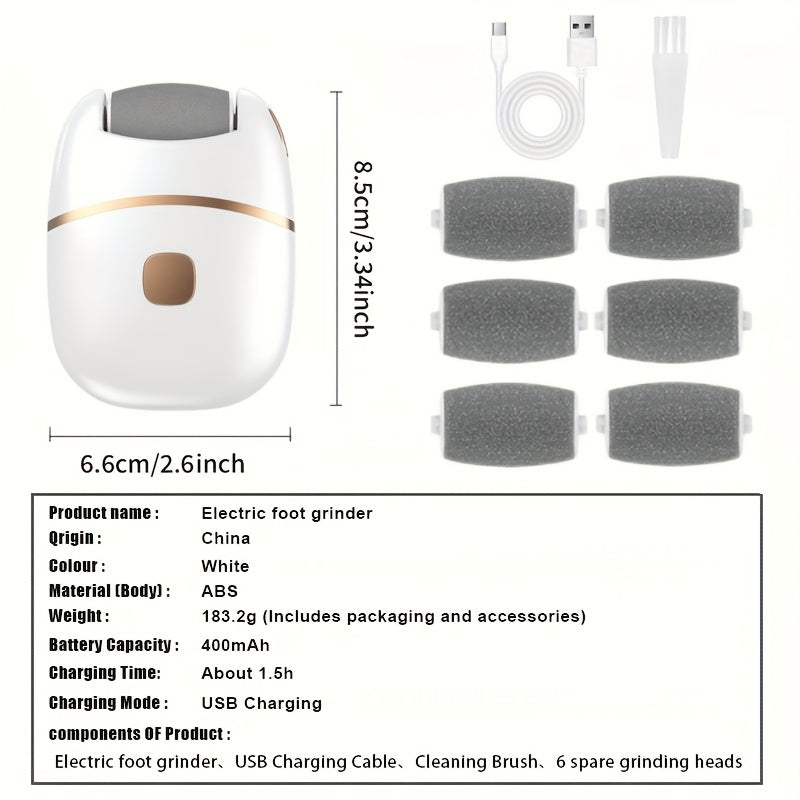 Rechargeable Electric Foot Exfoliator with 6 Replaceable Heads for Dead Skin Removal and Polishing, USB Powered, Ergonomic Handle in White and Golden - The Superior Findings Depot