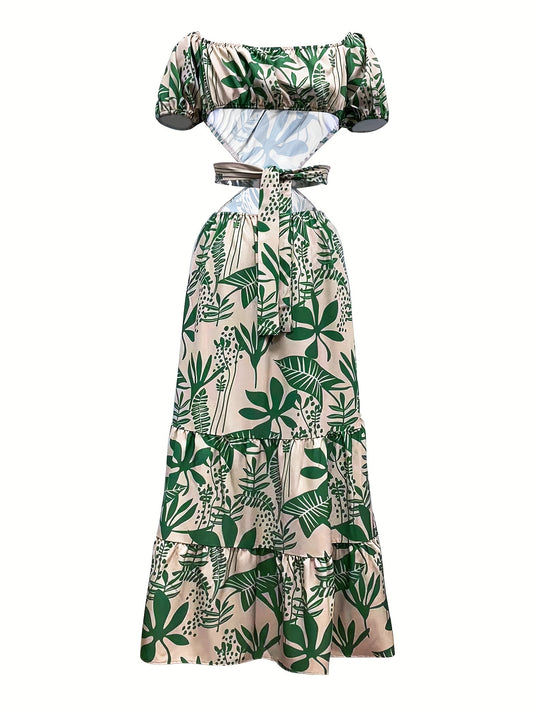 Print Maxi Dress for Women - Chic Summer Commuter Style with Ruffle Hem and Tie Detail, Breathable Polyester, Machine Washable, Summer Commuter Wear|Split Sleeve Dress|Glossy Fabric, Casual Summer Dresses