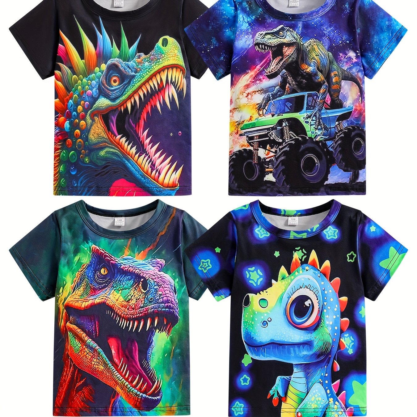 Boys' Summer Four-Pack Dinosaur Print T-Shirts - Casual Crew Neck