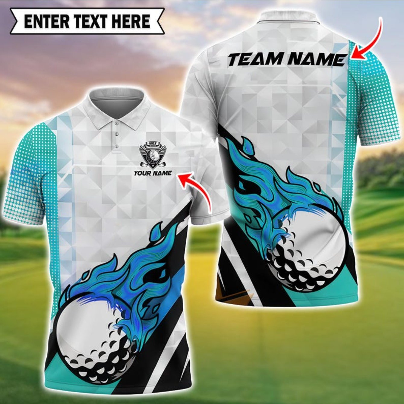 Men's Custom Golf Shirt - Blue & Black Flame with Golf Ball Accent