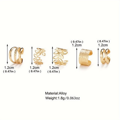 [5pcs/set Elegant Ear Cuff Set] 5pcs/set Trendy Elegant Design Ear Cuff Set Classic Elegant Style Women's Ear Bone Clip Set No Piercing Clip On Earrings Leaf Shaped Circle Stacked Shaped