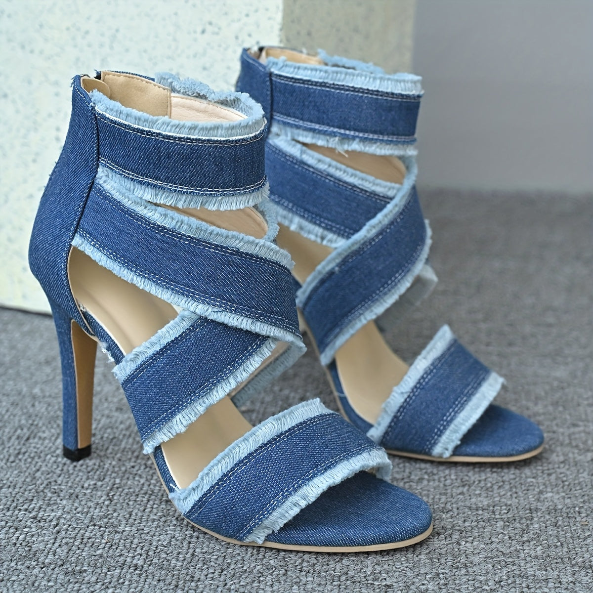 Women'S Denim Peep-Toe High Heel Sandals with Back Zipper and Cut-Out Design, Frayed Edge Detail, Summer 2025 Fashion, White Heels, Open Toe, Rubber Sole, Synthetic Insole and Upper, Fashion Sandals | Peep Toe Sandals | Intri - The Superior Findings Depot