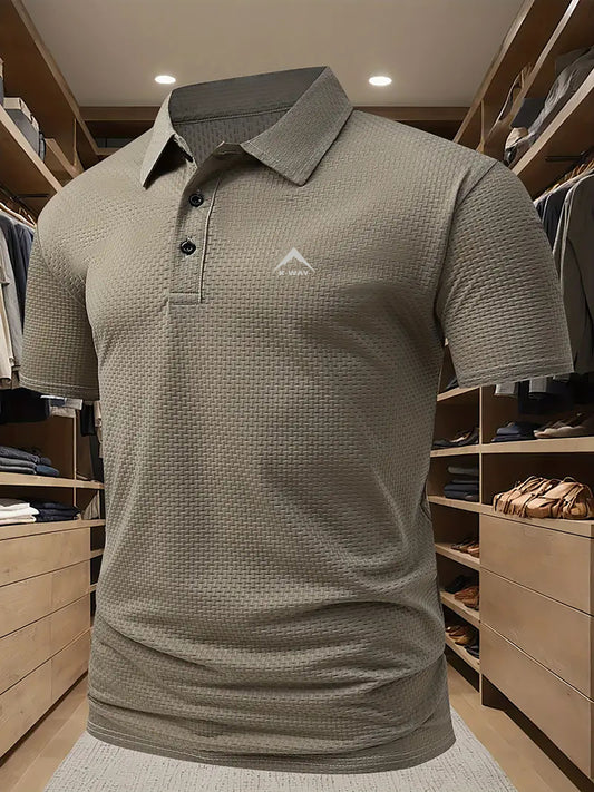 KWAY Men'S Breathable Summer Shirt - Lightweight Stretch Fabric, Solid Color with Contrast Collar & Chest Logo, Quick-Dry Golf & Business Casual Short Sleeve Top for Casual Attire, Breathable Summer Shirt, Golf Apparel, Sleek
